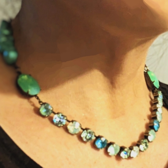 Mint Green Opal Swarovski Crystal and Baroque Pearl Statement Necklace in Brass - Picture 8 of 9